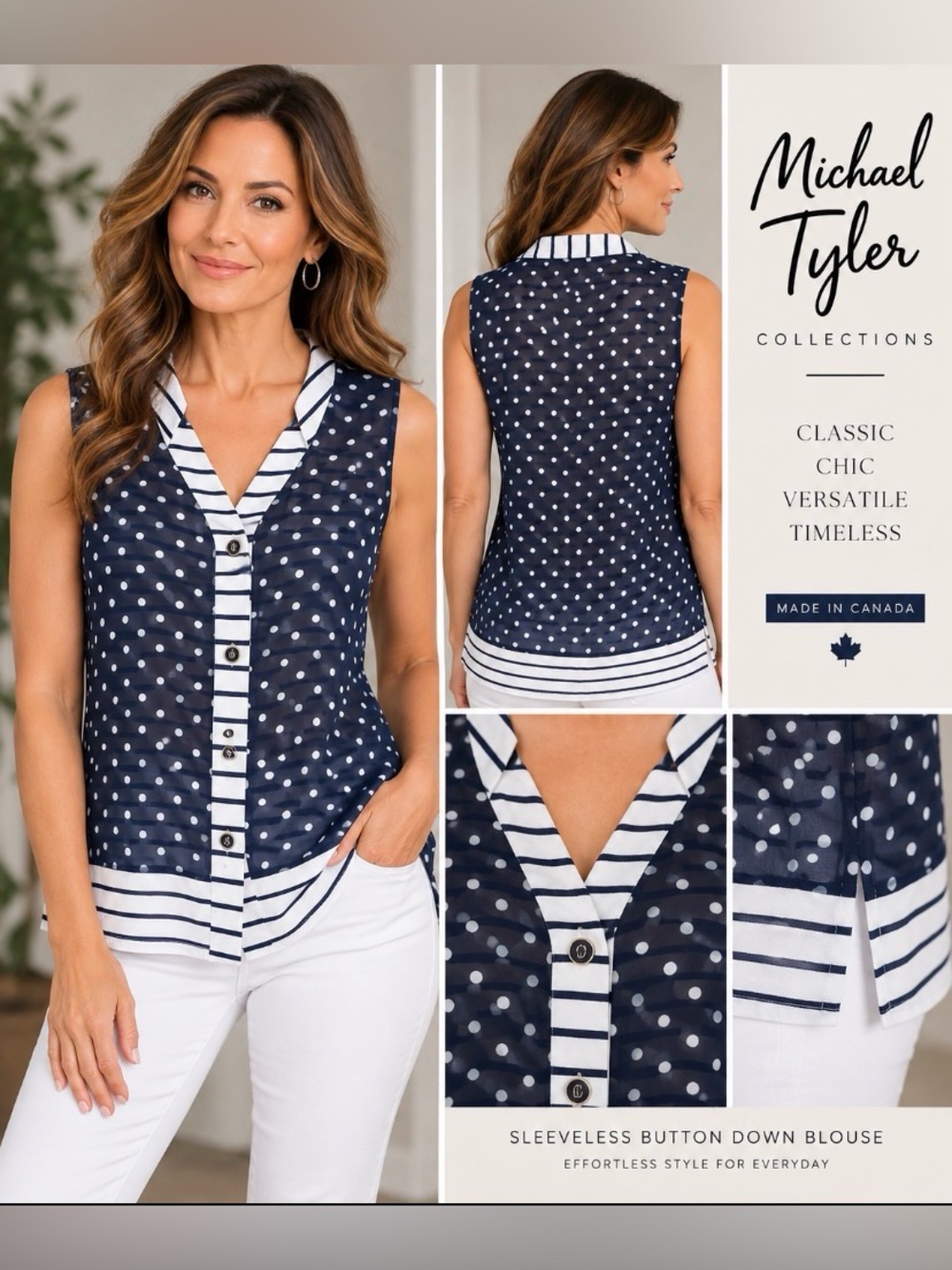 Michael Tyler Navy Polka Dot Sleeveless Button-Down Top